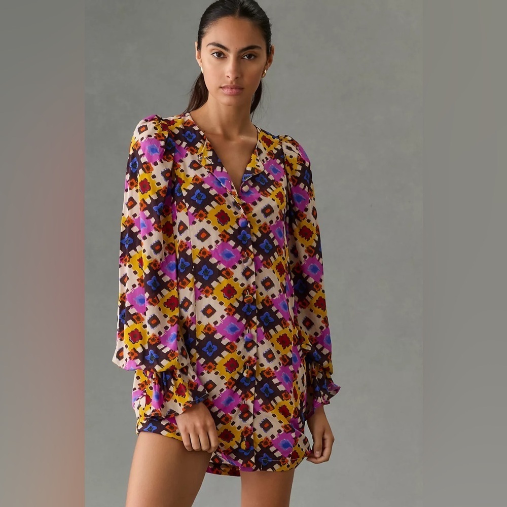 RHODE Nara Dress in Aquarelle Size Large Multicolor Geometric Pattern Button up - Picture 2 of 8
